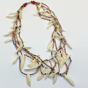 Boho Necklace, Shell, Seed Beads, Shell Shards, Sea Shell, Funky, Cork, Rainbow